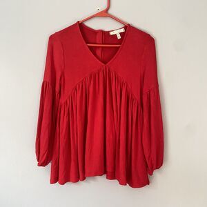 Anthropologie Eri + Ali Top XS Red Long Sleeve Button Back Peasant Boho Colorful